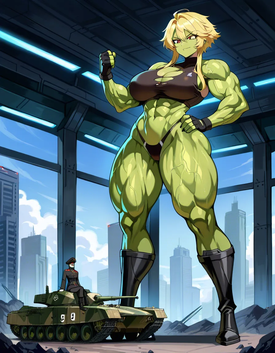 Giant muscular_female, petite mature_male , extreme size_difference, huge height_difference, physical domination, female torn_clothes crop_top underwear, military_vehicle, female hulk_rage, female veins, female blonde_hair short_hair_with_long_locks , thin male military_uniform , military lab , science_fiction , femdom, one_hand throat_lift, female carrying male high, aggressive female, pinned male against_wall, confident female, angry female looking_down , female talking, nervous blush male looking_up , breast_press, male black medium_hair, female abs, female big biceps, female big shoulders, female thick_thighs, female huge_ass, female wide_hips, huge_breasts, female pectoral_cleavage, male narrow_waist, male stubble, domination, eye_contact, female crushing male, destruction, destroyed scene, aged_up, /masterpiece, hentai_studio_quality