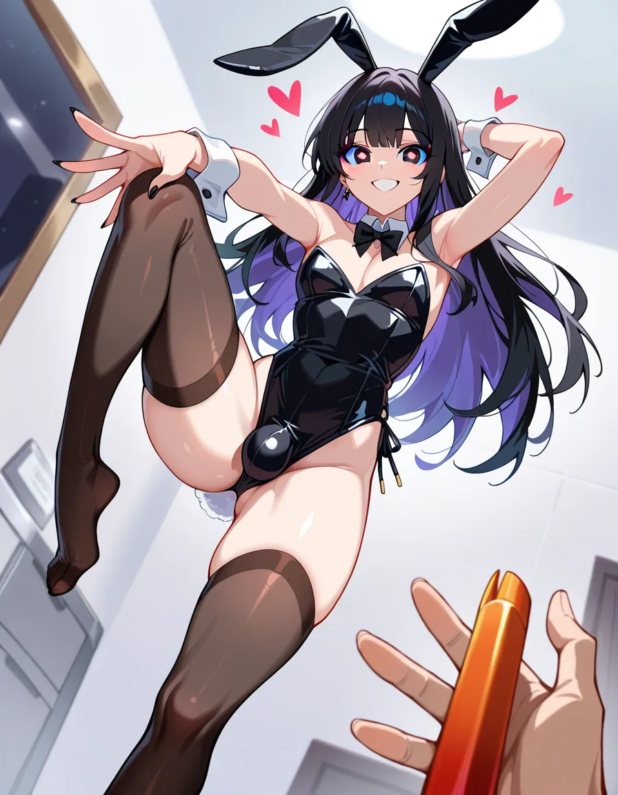 masterpiece, clean art, 1boy, femboy, crossdressing, long_hair, eager , encouraging, goth, playboy bunny , standing_on_one_leg , perfect feet , thighhighs, rabbit_ears , rabbit_tail , looking_at_viewer, heart_shaped_pupils, makeup , thighs , chearleading, perfect anataomy, perfect proportions, perfect spade tattoo on thigh, pom_pom_(cheerleading), happy, cheerleader, hentai_studio_quality