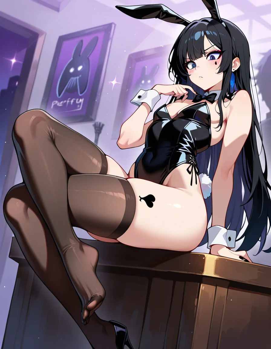 masterpiece, clean art, 1boy, solo_focus , femboy, crossdressing, long_hair, eager , encouraging, goth, black_hair , playboy bunny , hand_up , perfect feet , thighhighs, rabbit_ears , rabbit_tail, makeup , thighs , chearleading, perfect anataomy, perfect proportions, perfect spade tattoo on thigh, pom_pom_(cheerleading), happy, cheerleader, standing, chearleading, smile, hentai_studio_quality