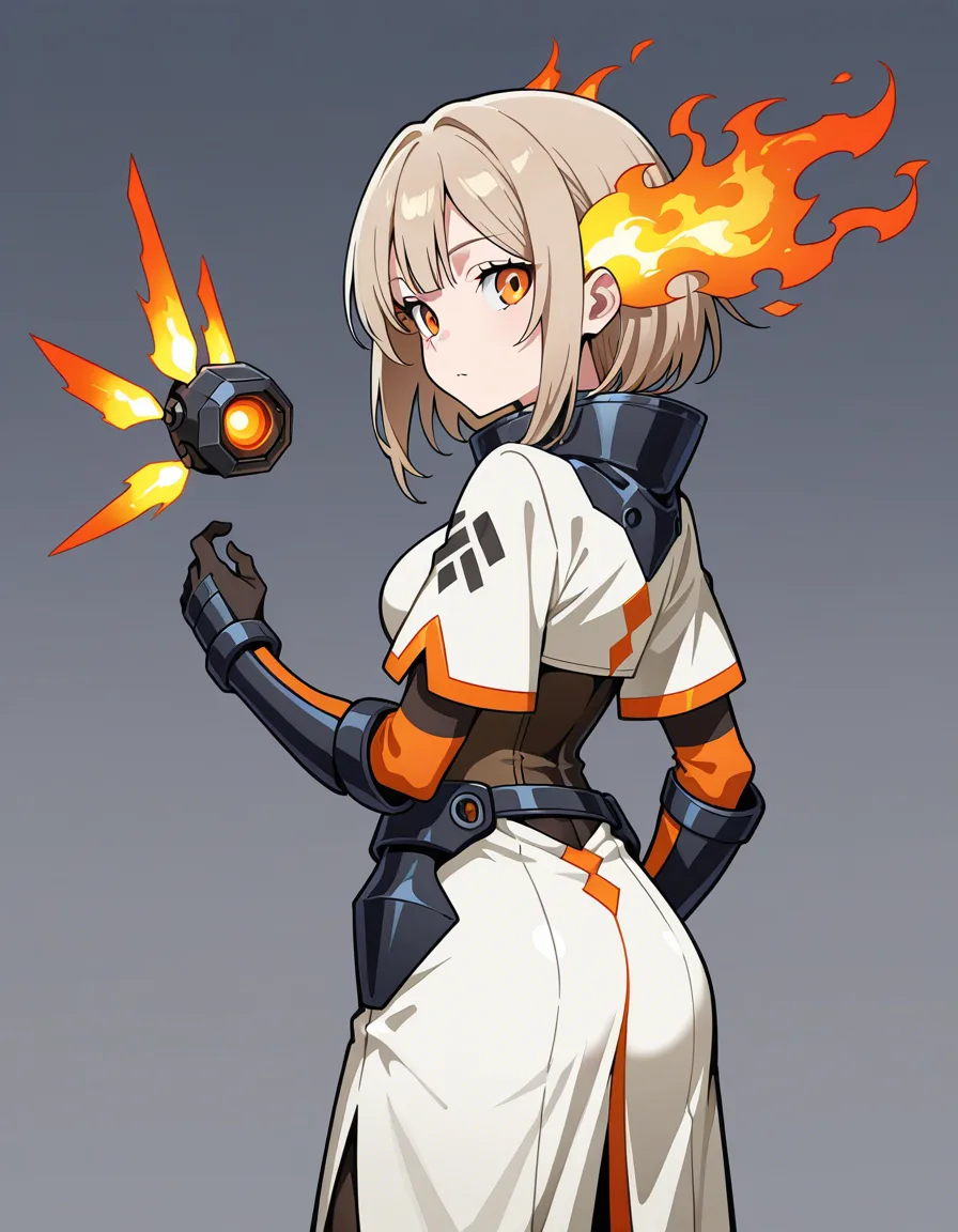 a young man with light brown hair and orange eyes, wearing scant clothing, with a series of six fiery thrusters on his lower back arranged in a wing-like shape, hentai_studio_quality