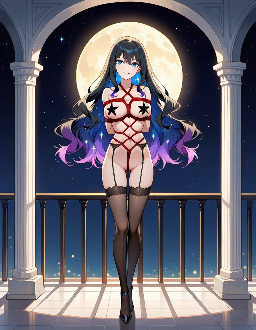 Princess of the night, Full moon, Black lace stockings, Balcony, Stars, Black starry hair, full body, smiling at viewer, no horns, nude, standing, shibari, hentai_studio_quality