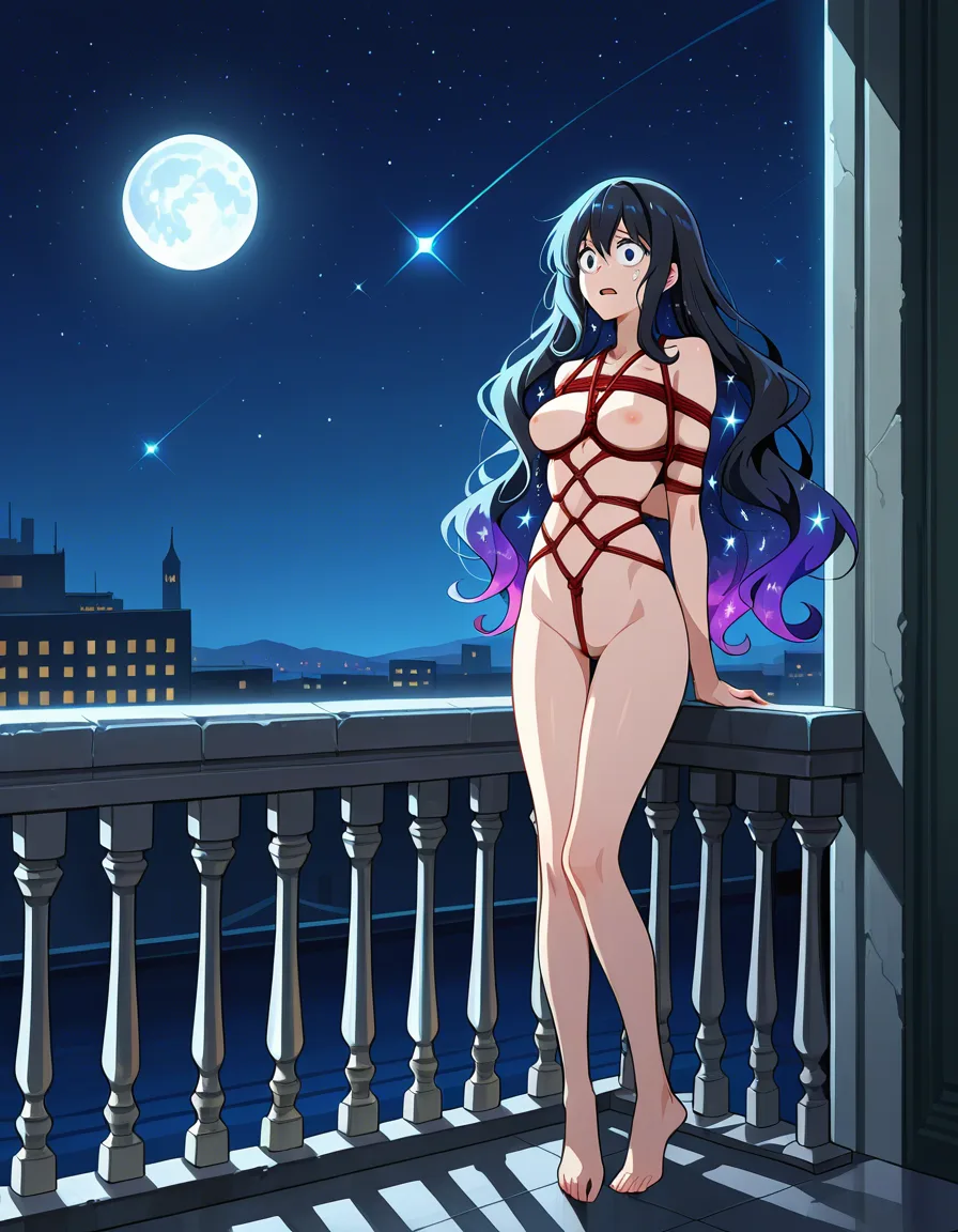 Princess of the night, Full moon, Balcony, Stars, Black starry hair, full body, no horns, nude, standing, shibari , clean masterful artstyle, scared,, hentai_studio_quality