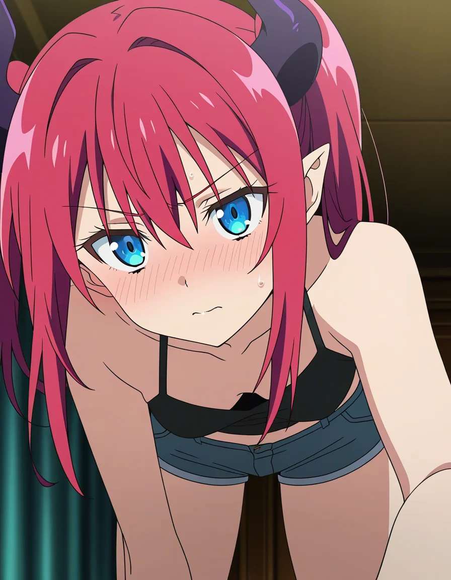 ultra detailed shading, succubus, nail polish, shorts, bent over, submissive blush, soft cel shading, (anime style:1.3), 2d, anime screencap, cel shading, flat color, @00osamio00