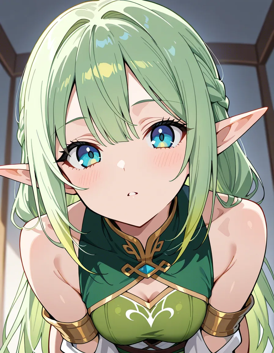 absurdres, highres, elf girl, detached sleeves, on all fours, confident gaze, portrait, manga panel look, hentai_studio_quality