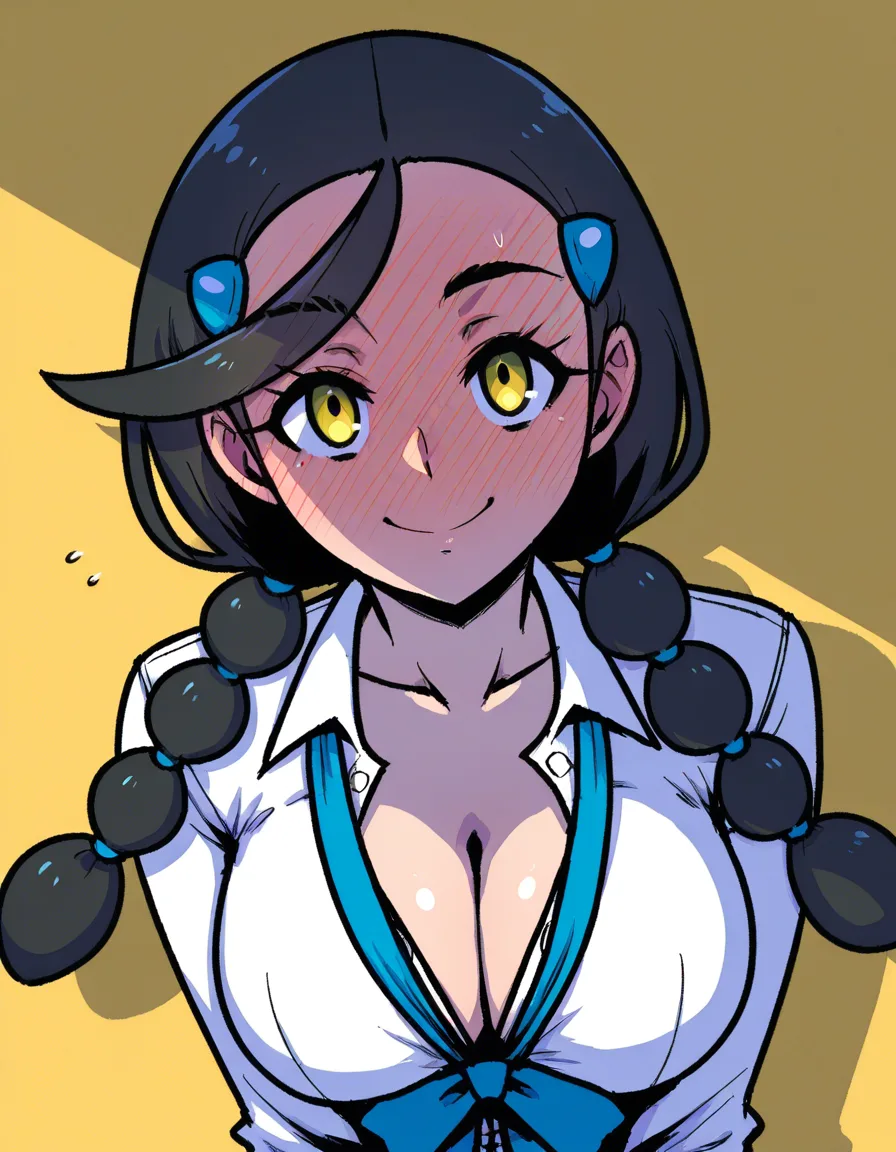 #akairiot_artstyle, @candice_(pokemon), pokemon, 1girl, black_hair, multi-tied_hair, hair_down, yellow_eyes, blue_hairclip, collared_shirt, white_shirt, blue_bowtie, cleavage, partially_unbuttoned, large_breasts, full-face_blush, smile, handjob, pov, upper_body, hentai_studio_quality