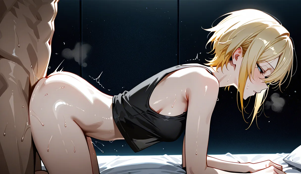 slender girl with short blonde hair with half-closed eyes wears tank top fucked from behind by nude man,from side,static pov,1girl,1boy,all fours,