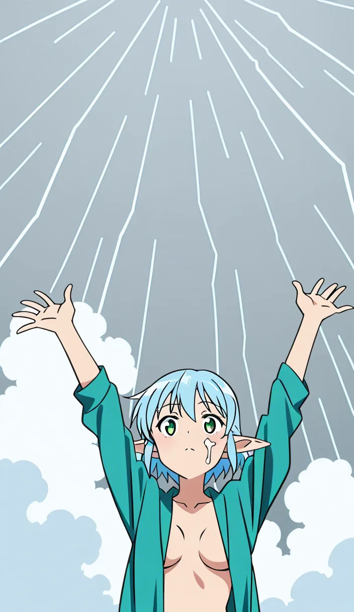 highres, sharp lines, elf girl, cum on face, arms up, open clothes, cloud, manga aesthetic