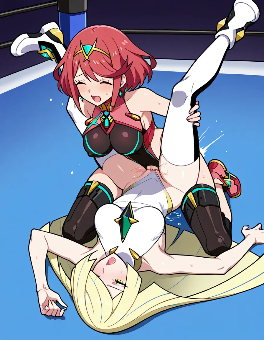 2girls yuri sex , @pyra_(xenoblade) , @lusamine_(pokemon),wrestling_ring , strapon , pussy_juice , orgasm, cumming , vaginal_object_insertion tribadism pussy-to-pussy, on_back on_floor, hentai_studio_quality