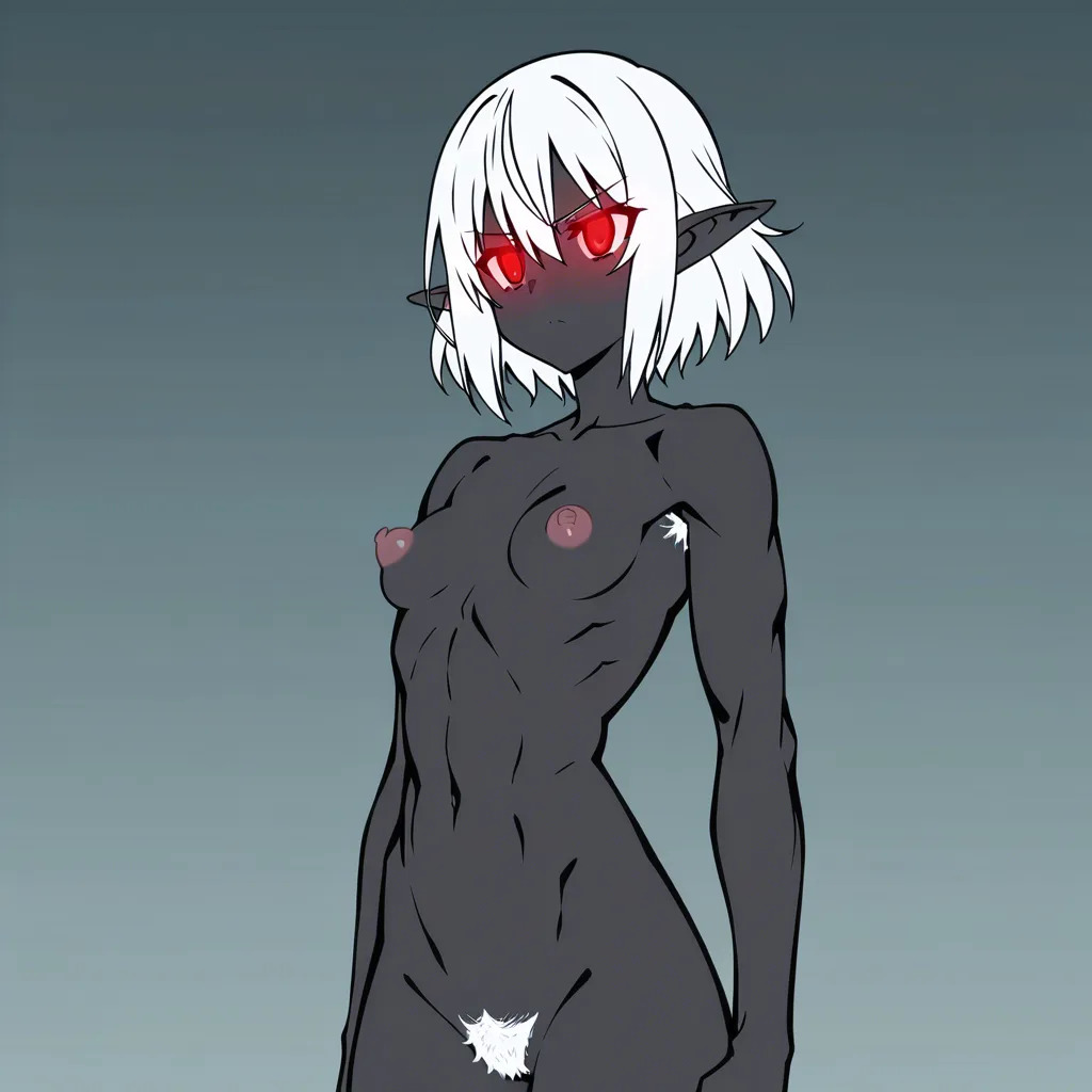 8k, sharp focus, black grey_skin, dark elf, black skin, white pubic hair, white armpit hair, athletic, muscle tone, indulgent expression, red eyes, red glowing eyes, shining eyes, small breasts, puffy nipples, pointy tits, seductive, saggy breasts, big nipples, white hair, (riding dildo:2.7), (vaginal insertion:2), she relaxes, (she lowers her hips:2), (big dildo:2), wet pussy