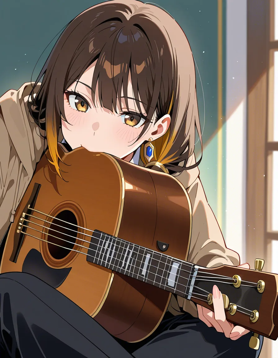 brunette sucking dick of acoustic guitarist, hentai_studio_quality