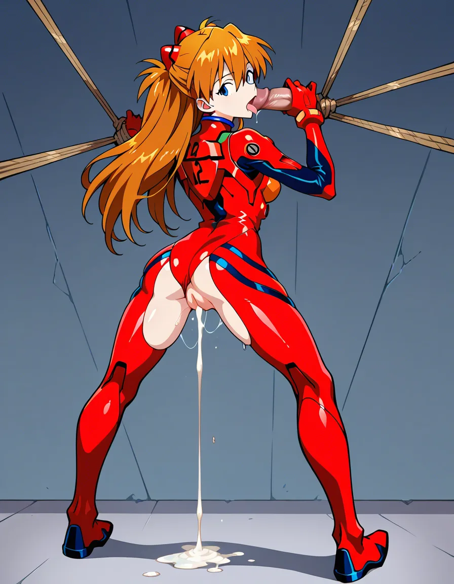 Asuka Langley and a thick curvey femboy dripping cum from his small girthy cock and asuka is wearing ropes and licking the juice from her fat pussy, hentai_studio_quality