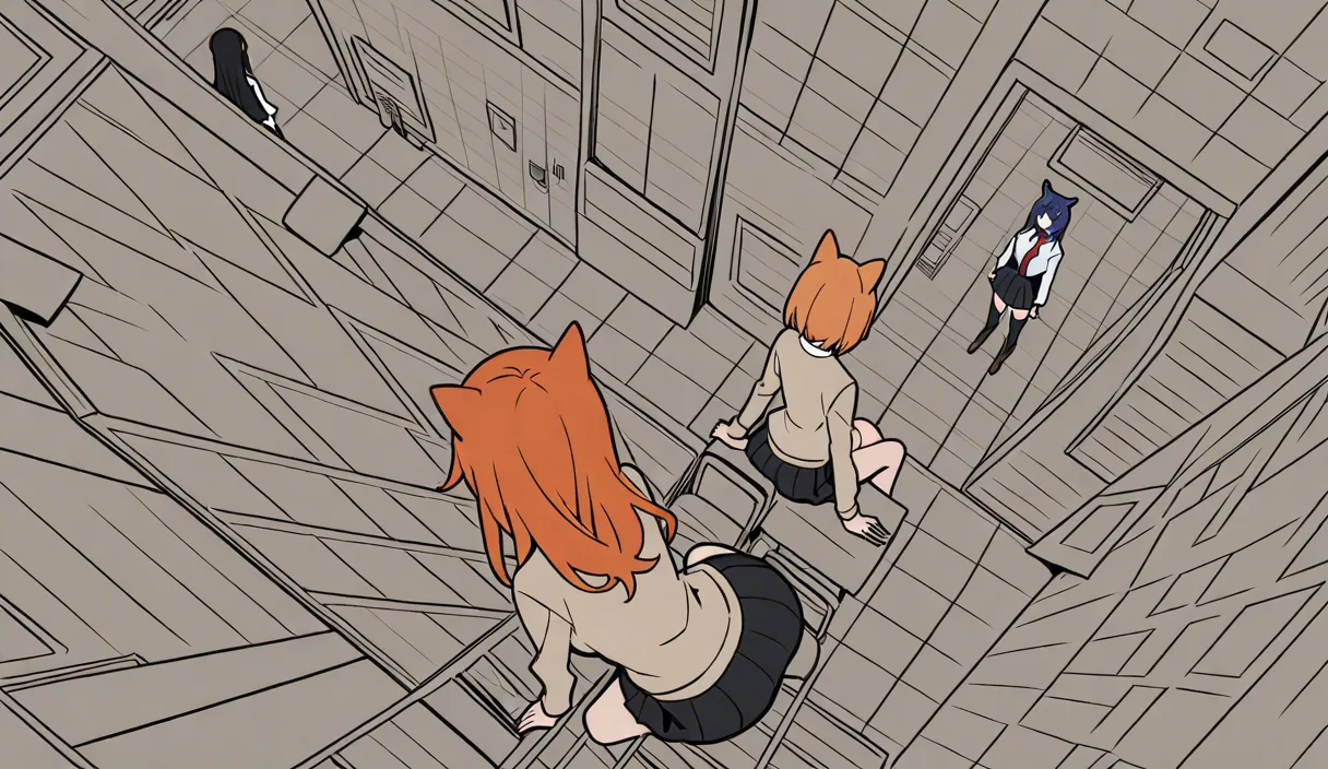 ultra detailed, crisp, 5girls, animal ears, orange hair, black skirt, reverse cowgirl, from above, clean lineart