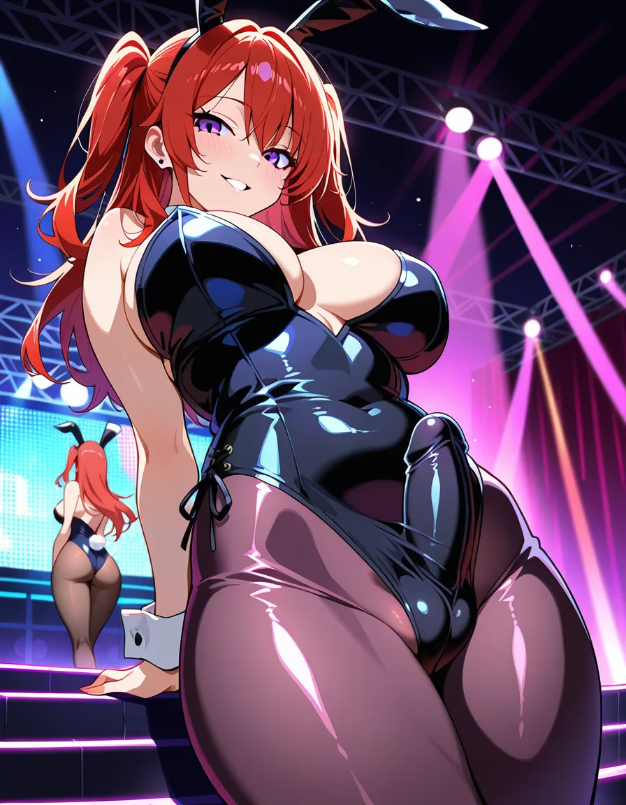 detailed shading, masterpiece, futanari, plump, red_hair, purple_eyes, large_breasts, seductive_smile, erection_under_clothes, cameltoe, bunny suit, nightclub stage, hentai_studio_quality