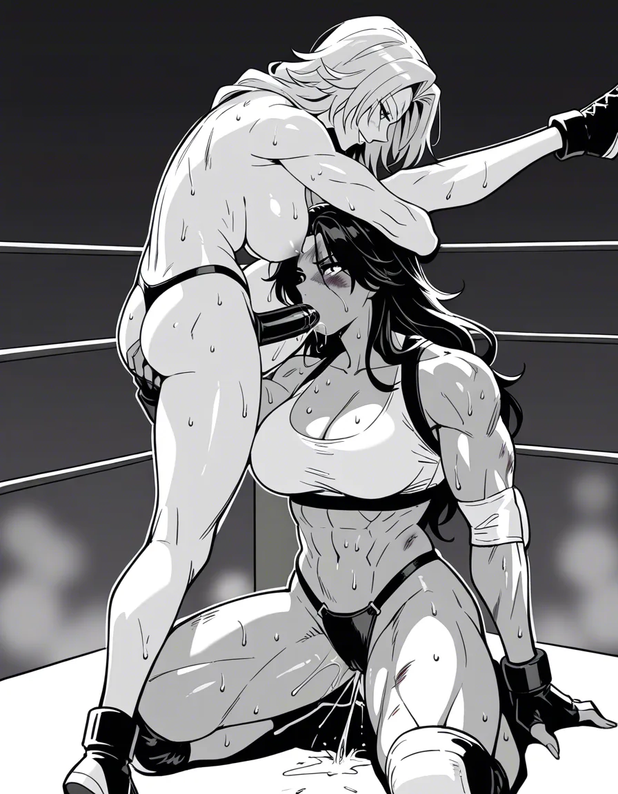 2girls , Best_quality, ultra_detailed,she-hulk, @matsumoto_rangiku , yuri sex ,wrestling_ring wrestling defeated, pussy_juice squirting orgasm , sweat strap-on oral fellatio , bruised kneeling head_grab, hentai_studio_quality