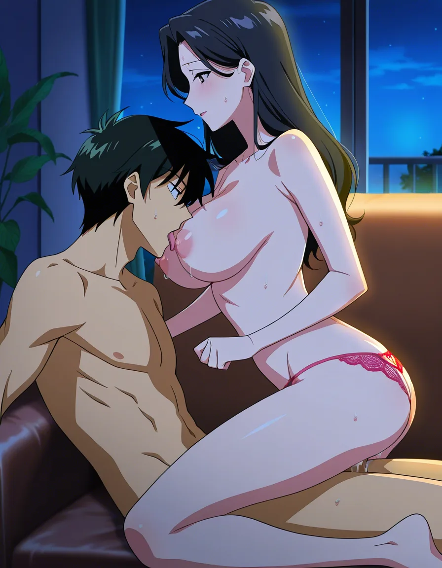 1boy, 1girl, man age 33, short black hair, licking breast, mature woman age 30, adult, chestnut shoulder-length hair, developed breasts, nipples, pink thin t-back panties, sofa, living room, night, colorful explicit manga, normal anatomy, single panel, (anime style:1.3), 2d, anime screencap, cel shading, flat color, @00osamio00