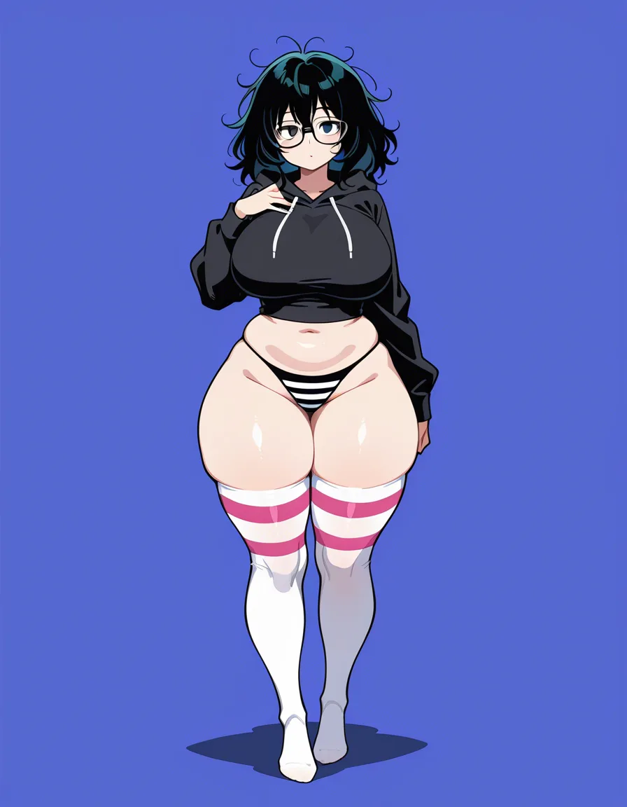 absurdres, highres, 1girl , glasses messy_hair wide hips, large_breasts thick_thighs plump white_socks thighhighs black_hoodie , no_pants striped_panties, hentai_studio_quality,, hentai_studio_quality