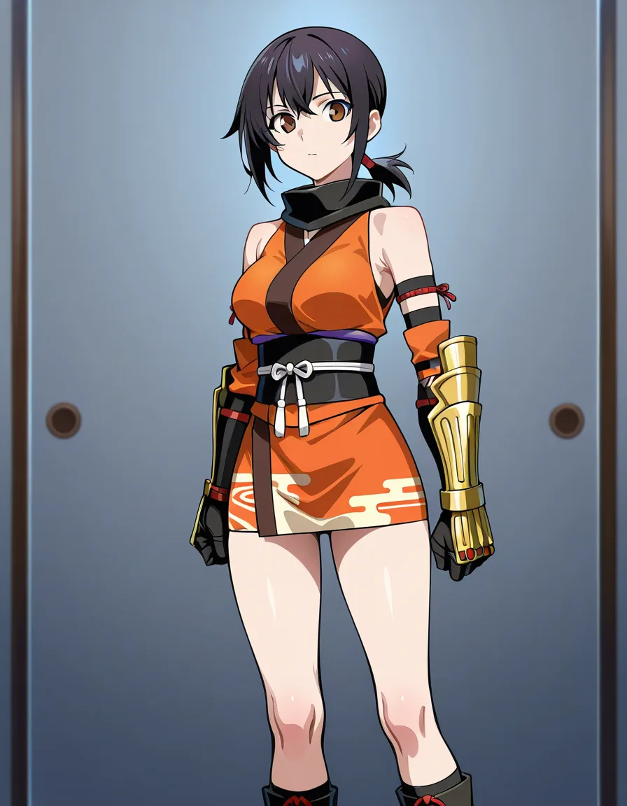 kaede_(onimusha_warloads) female_ninja kunoichi orange_clothes japanese_clothes orange_mini_skirt black_hair short_hair low_ponytail ponytail_is_short, bare_shoulders bare_thigh, brown_eyes,gauntlet, hentai_studio_quality