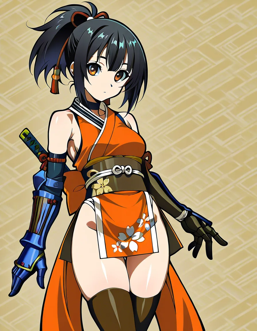 kaede_(onimusha_warloads) female kunoichi orange_clothes japanese_clothes orange_mini_skirt black_hair short_hair ponytail_is_very_short, bare_shoulders bare_thigh, brown_eyes,gauntlet, thighhighs, hentai_studio_quality, hentai_studio_quality