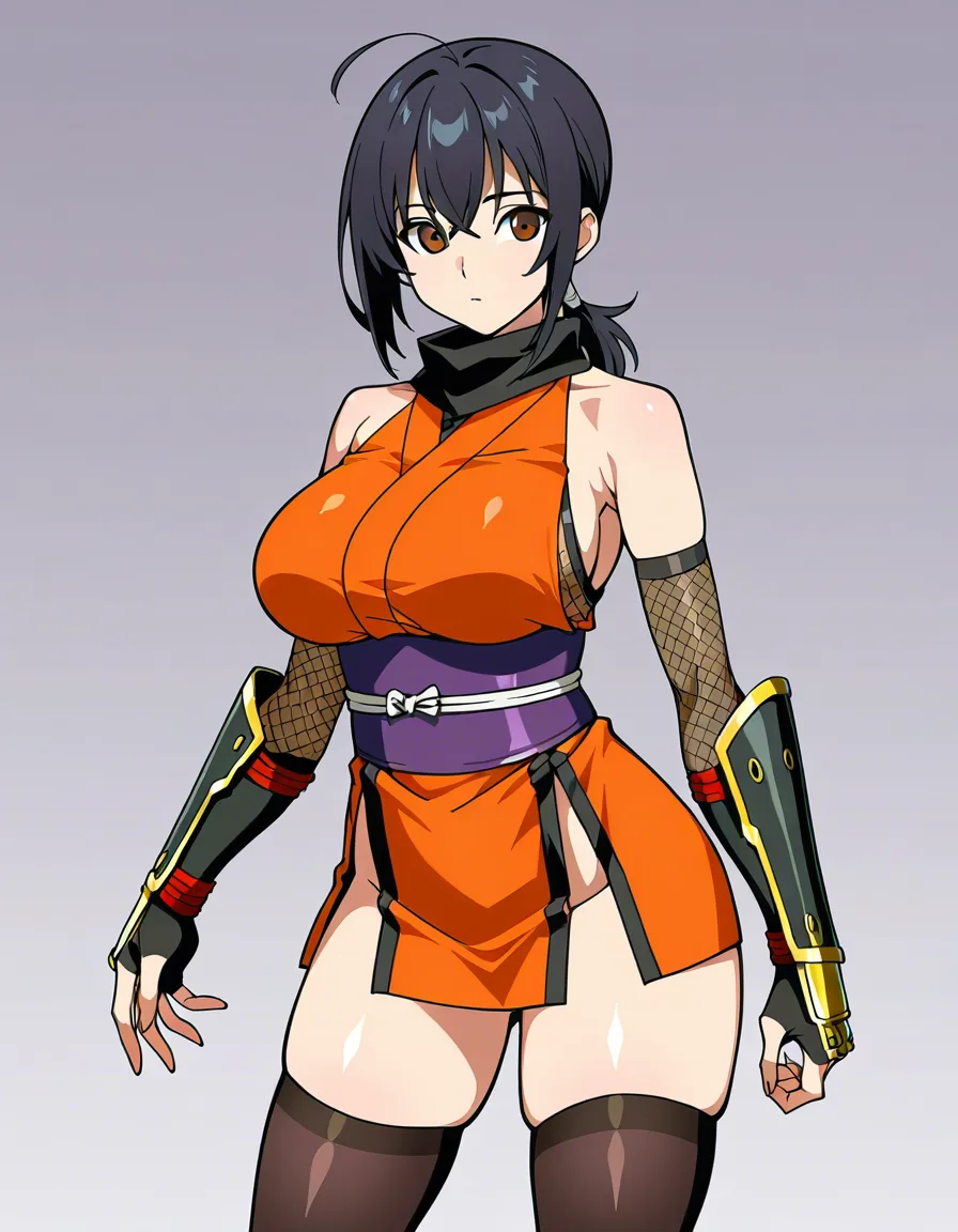 kaede_(onimusha_warloads) female ninja orange_clothes japanese_clothes orange_mini_skirt black_hair low_ponytail short_ponytail, bare_shoulders bare_thigh, brown_eyes,gauntlet, thighhighs,, large_breasts, hentai_studio_quality, upper_body_black_inner, hentai_studio_quality