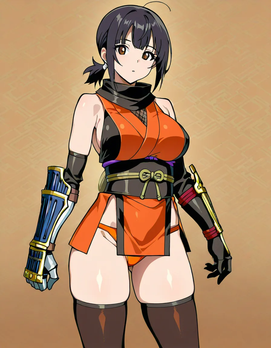 kaede_(onimusha_warloads) female ninja orange_clothes japanese_clothes orange_mini_skirt black_hair short_hair low_ponytail short_ponytail, bare_shoulders bare_thigh, brown_eyes,gauntlet, thighhighs,, large_breasts, hentai_studio_quality, upper_body_black_inner, orange_panties highleg_panties from_below,, hentai_studio_quality, hentai_studio_quality, hentai_studio_quality