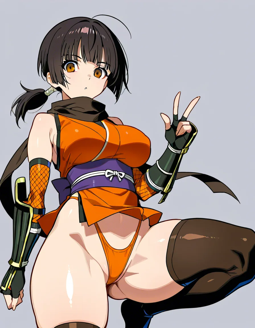 {kaede_(onimusha)}  female ninja orange_clothes japanese_clothes orange_mini_skirt black_hair short_hair (((low_ponytail short_ponytail))), bare_shoulders bare_thigh, brown_eyes,gauntlet, thighhighs,, orange_panties highleg_panties, upper_clothes_color_orange,  　medium_breasts, ((( huge_clitoris))),, hentai_studio_quality, hentai_studio_quality