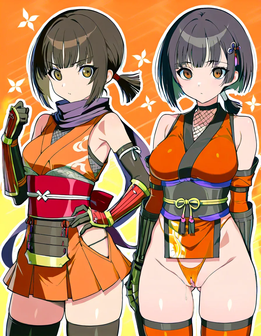 {kaede_(onimusha)}  female ninja orange_clothes japanese_clothes orange_mini_skirt black_hair short_hair (((low_ponytail short_ponytail))), bare_shoulders bare_thigh, brown_eyes,gauntlet, thighhighs,, orange_panties highleg_panties, upper_clothes_color_orange,  , (((clitoris))),, hentai_studio_quality, hentai_studio_quality, hentai_studio_quality, hentai_studio_quality