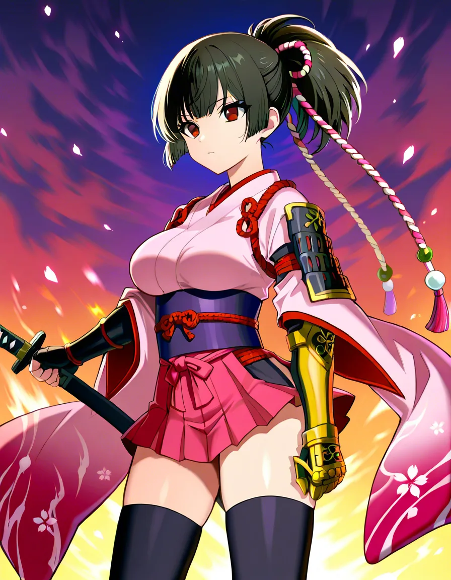 [yagyu_akane_(onimusha_dawn_of_dreams)] female pink_clothes japanese_clothes (mini_skirt) black_hair short_hair ((hairstyle:long_side_ponytail))bare_thigh,odd_eye red_eye brown_eye,gauntlet, thighhighs,, medium_breasts upper_body_blue_inner, white_panties thick_thighs, huge_ass (height:150cm), hentai_studio_quality, hentai_studio_quality