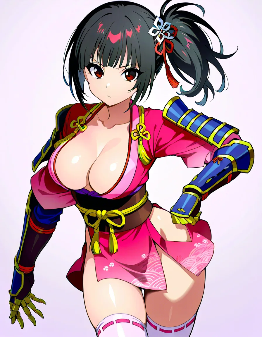 {yagyu_jubei_akane_(onimusha_dawn_of_dreams)} female pink_clothes japanese_clothes (mini_skirt) black_hair ((hairstyle:long_sideponytail))bare_thigh,odd_eye red_eye brown_eye,gauntlet, thighhighs,, medium_breasts upper_body_blue_inner, white_panties thick_thighs, huge_ass (height:150cm), hentai_studio_quality, hentai_studio_quality, hentai_studio_quality