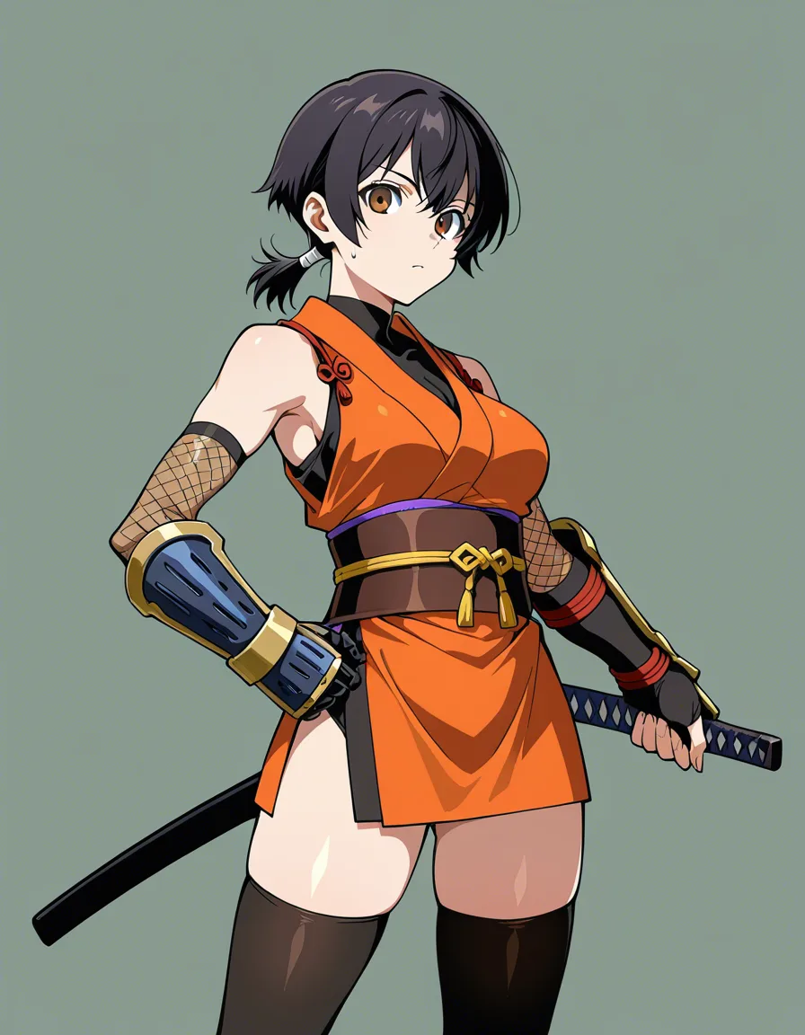 kaede_onimusha  female ninja orange_clothes japanese_clothes orange_mini_skirt black_hair  (((low_ponytail)))short_hair, bare_shoulders bare_thigh, brown_eyes,gauntlet, thighhighs, short_sideburns, hentai_studio_quality