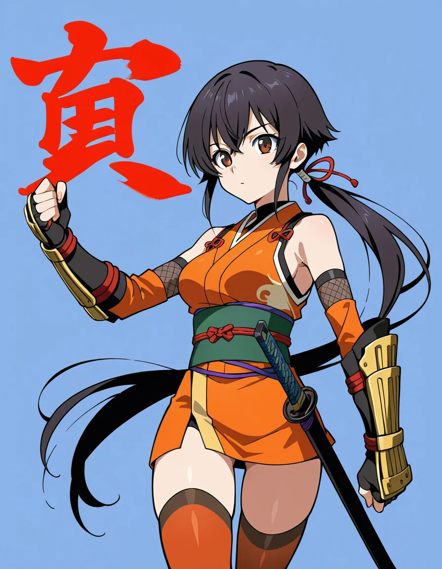 kaede_onimusha  female ninja orange_clothes japanese_clothes orange_mini_skirt {black_hair low_ponytail short_hair }, bare_shoulders bare_thigh, brown_eyes,gauntlet, thighhighs, short_sideburns,, hentai_studio_quality