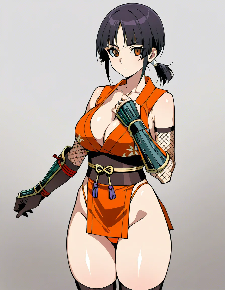 kaede_onimusha female ninja orange_clothes japanese_clothes upper_body_orange_clothes orange_mini_skirt {black_hair side_bangs low_ponytail short_hair }, bare_shoulders bare_thigh, brown_eyes,gauntlet, thighhighs, short_sideburns,, highleg_panties orange_panties,, hentai_studio_quality, hentai_studio_quality