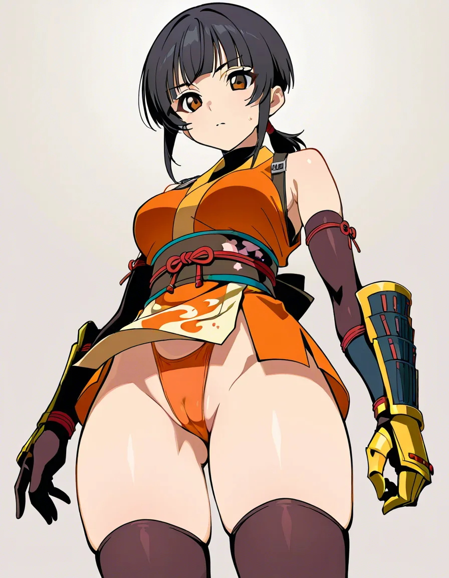 kaede_onimusha female ninja orange_clothes japanese_clothes upper_body_orange_clothes orange_mini_skirt {black_hair side_bangs low_ponytail short_hair }, bare_shoulders bare_thigh, brown_eyes,gauntlet, thighhighs, short_sideburns,, highleg_panties orange_panties,,cameltoe, hentai_studio_quality