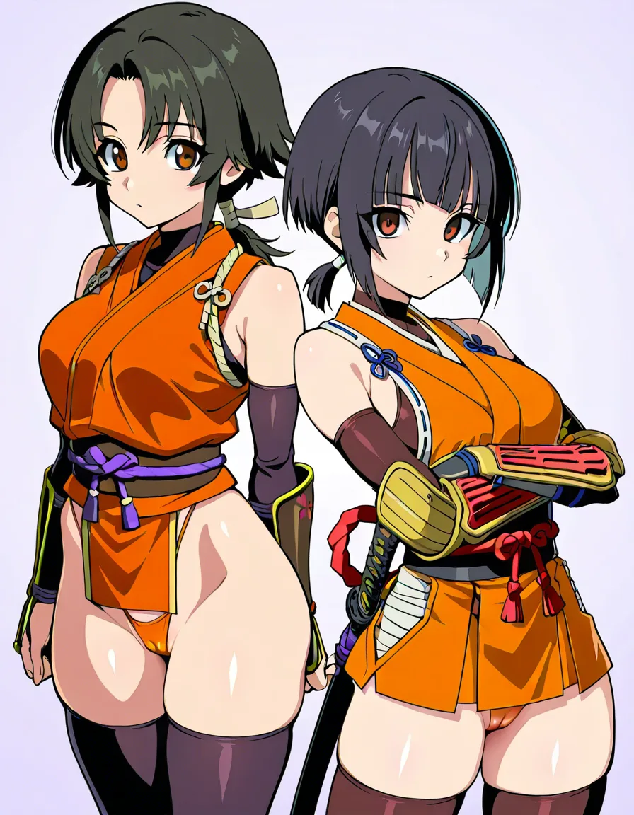 kaede_onimusha  female ninja orange_clothes japanese_clothes upper_body_orange_clothes orange_mini_skirt {black_hair side_bangs low_ponytail short_hair }, bare_shoulders bare_thigh, brown_eyes,gauntlet, thighhighs, short_sideburns,, highleg_panties  orange_panties,,cameltoe, hentai_studio_quality, hentai_studio_quality, hentai_studio_quality, hentai_studio_quality