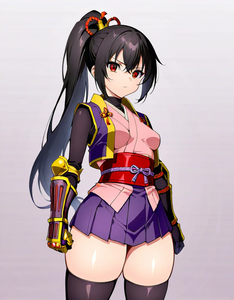 yagyu_jubei_akane_onimusha_dawn_of_dreams 1girl cherry_pink_vest japanese_clothes (mini_skirt) black_hair long_hair (((left_side_ponytail)))bare_thigh, ,gauntlet, thighhighs,, small_breasts upper_body_black_inner, thick_thighs, (height_150cm),,  red_eye,, panties huge_ass  holding_sword , hentai_studio_quality, hentai_studio_quality, hentai_studio_quality, hentai_studio_quality, hentai_studio_quality, hentai_studio_quality, hentai_studio_quality