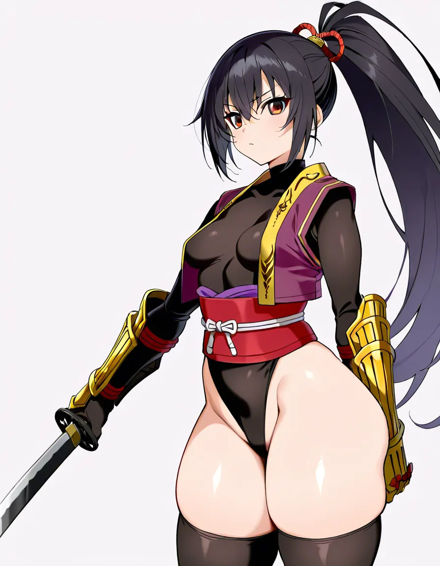 yagyu_jubei_akane_onimusha_dawn_of_dreams 1girl cherry_pink_vest japanese_clothes black_hair long_hair (((left_side_ponytail)))bare_thigh, ,gauntlet, thighhighs,, small_breasts upper_body_black_inner, thick_thighs, (height_150cm),, red_eye,, buruma huge_ass from_behind, hentai_studio_quality, hentai_studio_quality, hentai_studio_quality