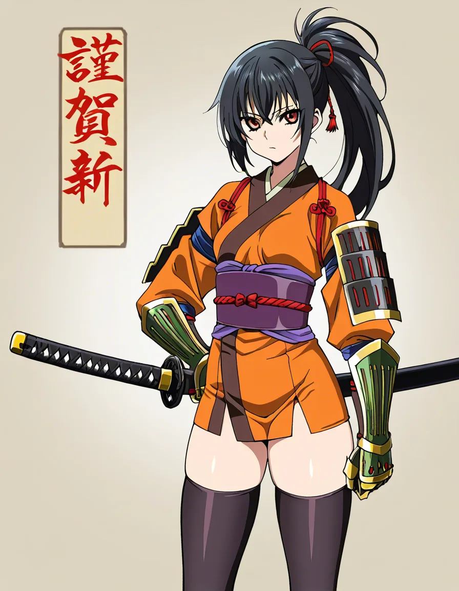 yagyu_jubei_akane_onimusha_dawn_of_dreams 1girl  black_hair long_hair (((left_side_ponytail)))bare_thigh, ,gauntlet, thighhighs,, small_breasts katana thick_thighs, (height_150cm),,  red_eye,,, hentai_studio_quality