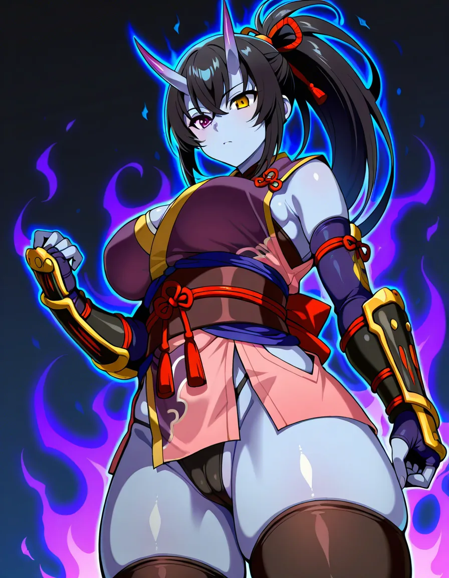 female_yagyu_onimusha 1girl cherry_pink_vest japanese_clothes black_hair  (((ponytail))) bare_thigh,  ,gauntlet, thighhighs,,  upper_body_dark_purple_inner, thick_thighs, heterochromia, panties cameltoe purple_aura dark_blue_skin  horns, hentai_studio_quality, hentai_studio_quality, hentai_studio_quality