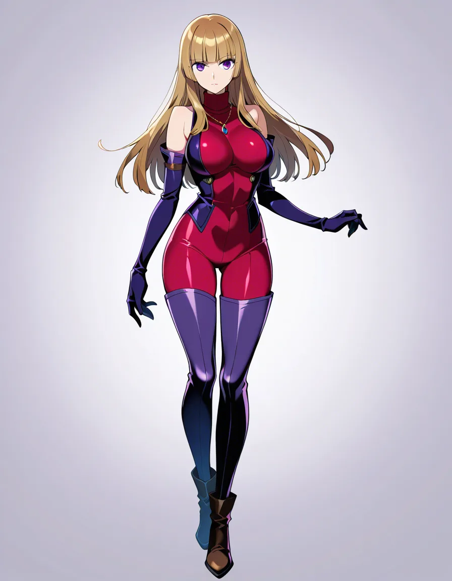 Mireille Grangeon, 1girl, purple eyes, solo, long hair, brown hair, large breasts,blunt bangs,     jewelry, necklace, elbow gloves, bare shoulders, sleeveless, detached sleeves,bodysuit, turtleneck,   thighhighs, boots, looking at viewer <lora:Mireille Grangeon-000012:0.9>, score_9, score_7_up,anime coloring ,source_anime, anime, hentai_studio_quality