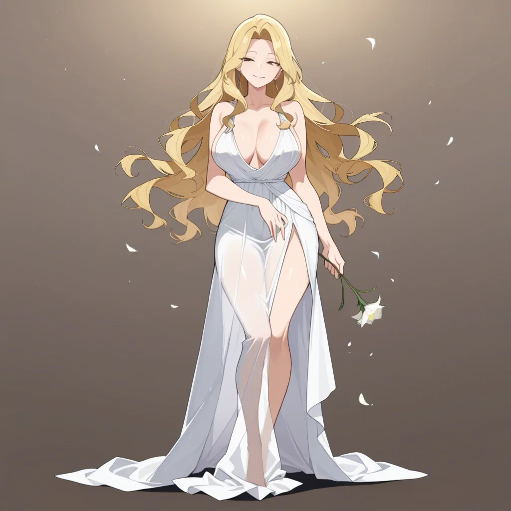 masterpiece, best quality, ultra-detailed, 8k uhd, anime style, 1girl, mature female, milf, beautiful detailed face, seductive smile, half-closed eyes, long blonde hair, wavy hair, hair flowing in wind, standing, full body, white dress, greek goddess dress, flowing white gown, toga, see-through silhouette, holding flower, white lily, lily stems in both hands, elegant pose, marble pergola, ancient greek architecture, white columns, winding branches, lily leaves, garden background, soft lighting, cinematic composition, depth of field, detailed background, ethereal atmosphere CRIESTIFYINGSTRAIRESSUCALLYZESTLYREMESTIONVICAPTEDSLATOPERSHOODY, hentai_studio_quality