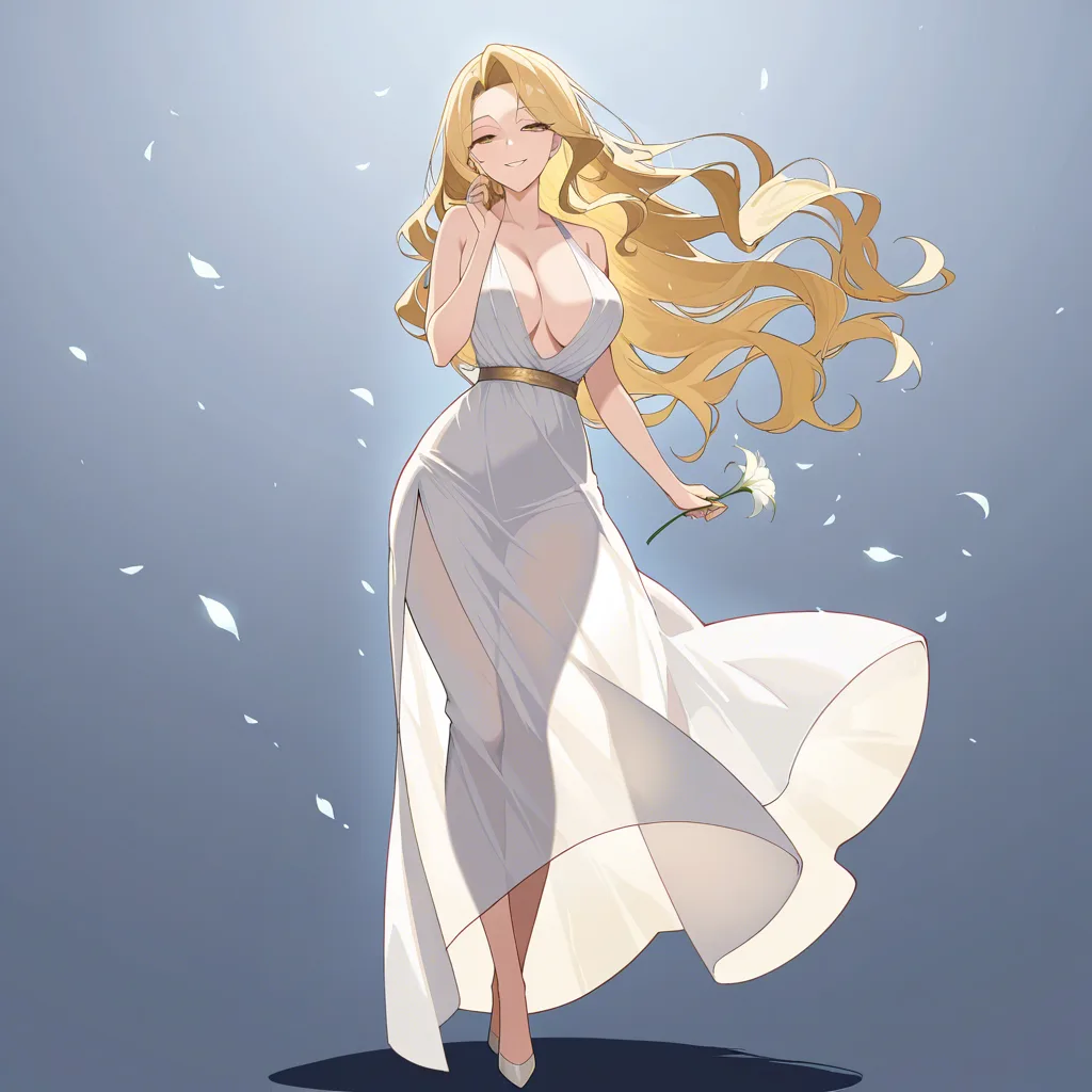 masterpiece, best quality, ultra-detailed, 8k uhd, anime style, 1girl, mature female, milf, beautiful detailed face, seductive smile, half-closed eyes, long blonde hair, wavy hair, hair flowing in wind, standing, full body, white dress, greek goddess dress, flowing white gown, toga, see-through silhouette, holding flower, white lily, lily stems in both hands, elegant pose, marble pergola, ancient greek architecture, white columns, winding branches, lily leaves, garden background, soft lighting, cinematic composition, depth of field, detailed background, ethereal atmosphere BETSMSHOOMBIBURNIMENSEGATICARTERSTREARSHRISTRAEDURKADINGEAREALUM, hentai_studio_quality