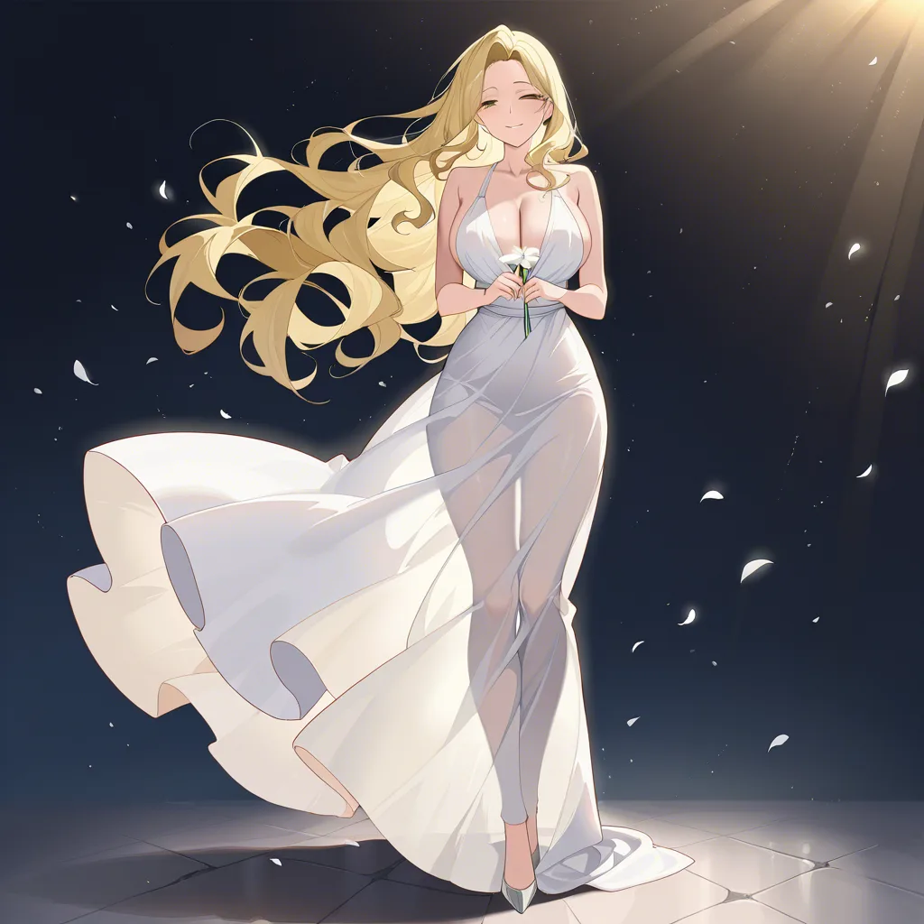 masterpiece, best quality, ultra-detailed, 8k uhd, anime style, 1girl, mature female, milf, beautiful detailed face, seductive smile, half-closed eyes, long blonde hair, wavy hair, hair flowing in wind, standing, full body, white dress, greek goddess dress, flowing white gown, toga, see-through silhouette, holding flower, white lily, lily stems in both hands, elegant pose, marble pergola, ancient greek architecture, white columns, winding branches, lily leaves, garden background, soft lighting, cinematic composition, depth of field, detailed background, ethereal atmosphere ISSORYOGICOCHMOKINGSTEPERATICTSHINSTORANDIMIRENTIOUSIPECTSCULARB, hentai_studio_quality