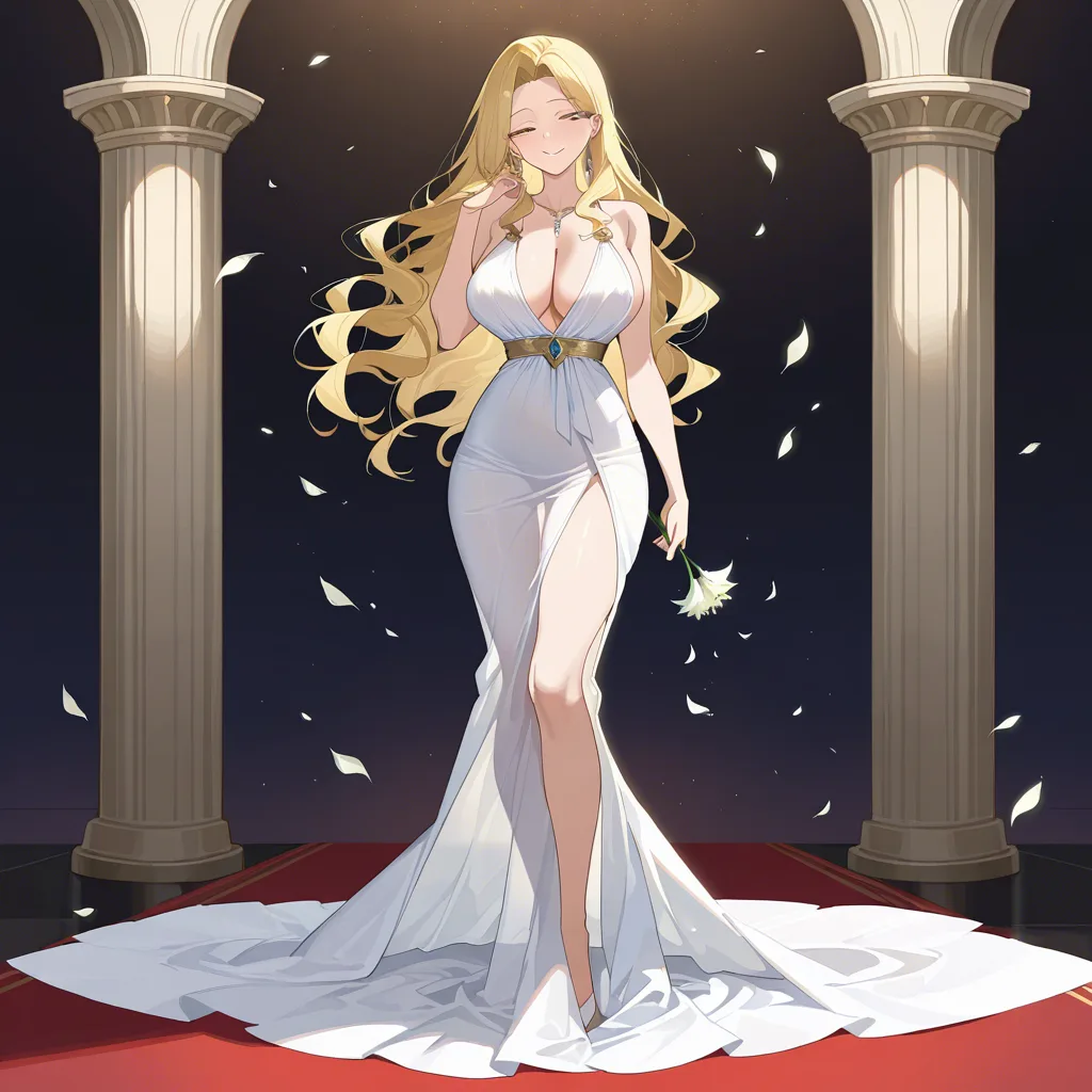 masterpiece, best quality, ultra-detailed, 8k uhd, anime style, 1girl, mature female, milf, beautiful detailed face, seductive smile, half-closed eyes, long blonde hair, wavy hair, hair flowing in wind, standing, full body, white dress, greek goddess dress, flowing white gown, toga, see-through silhouette, holding flower, white lily, lily stems in both hands, elegant pose, marble pergola, ancient greek architecture, white columns, winding branches, lily leaves, garden background, soft lighting, cinematic composition, depth of field, detailed background, ethereal atmosphere NSURTRONTALYRIACIODENVETSTERAQUENIZAGSTEPTOAGICELFSTIONUNCHARMOG, hentai_studio_quality