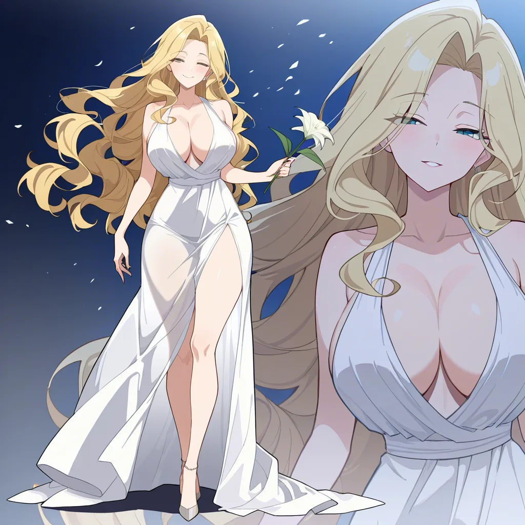 masterpiece, best quality, ultra-detailed, 8k uhd, anime style, 1girl, mature female, milf, beautiful detailed face, seductive smile, half-closed eyes, long blonde hair, wavy hair, hair flowing in wind, standing, full body, white dress, greek goddess dress, flowing white gown, toga, see-through silhouette, holding flower, white lily, lily stems in both hands, elegant pose, marble pergola, ancient greek architecture, white columns, winding branches, lily leaves, garden background, soft lighting, cinematic composition, depth of field, detailed background, ethereal atmosphere UNHOONTRASYLSECKRULNIPSESSNESINGSHIESURSPARIESSINCTICILYLICATEAW, hentai_studio_quality