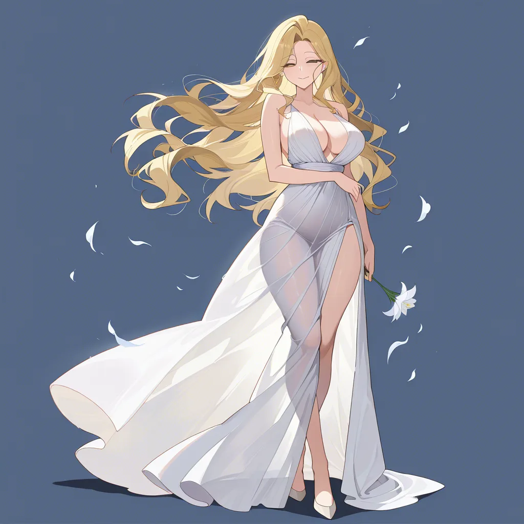 masterpiece, best quality, ultra-detailed, 8k uhd, anime style, 1girl, mature female, milf, beautiful detailed face, seductive smile, half-closed eyes, long blonde hair, wavy hair, hair flowing in wind, standing, full body, white dress, greek goddess dress, flowing white gown, toga, see-through silhouette, holding flower, white lily, lily stems in both hands, elegant pose, marble pergola, ancient greek architecture, white columns, winding branches, lily leaves, garden background, soft lighting, cinematic composition, depth of field, detailed background, ethereal atmosphere ISTESTREPTATORTENATIMERICYCHIFIRACHOODISHRICSTESSERPOLYHORMPIATI, hentai_studio_quality