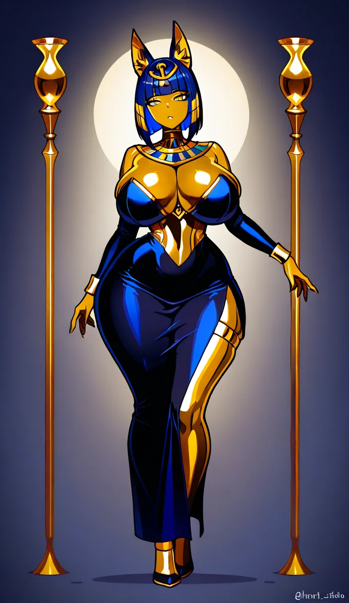 Adult Egyptian-inspired cat-woman with warm golden-tan skin, a very curvy voluptuous hourglass figure, extremely thick rounded thighs, wide hips, narrow waist, and very full bust. She has a sleek dark navy-blue bob with blunt bangs, large upright cat ears with golden inner coloring, a long gold-and-navy striped cat tail, large violet almond-shaped eyes, dramatic eyeliner, long lashes, flushed cheeks, full glossy lips, and a small gold-and-blue Egyptian scarab-style ornament centered on her forehead. riding a mans dick, on top of him, cowgirl, slow grinding hips, head tilted back, eyes half-closed, mouth open in a moan, intense pleasure, flushed face, detailed face, soft warm lighting