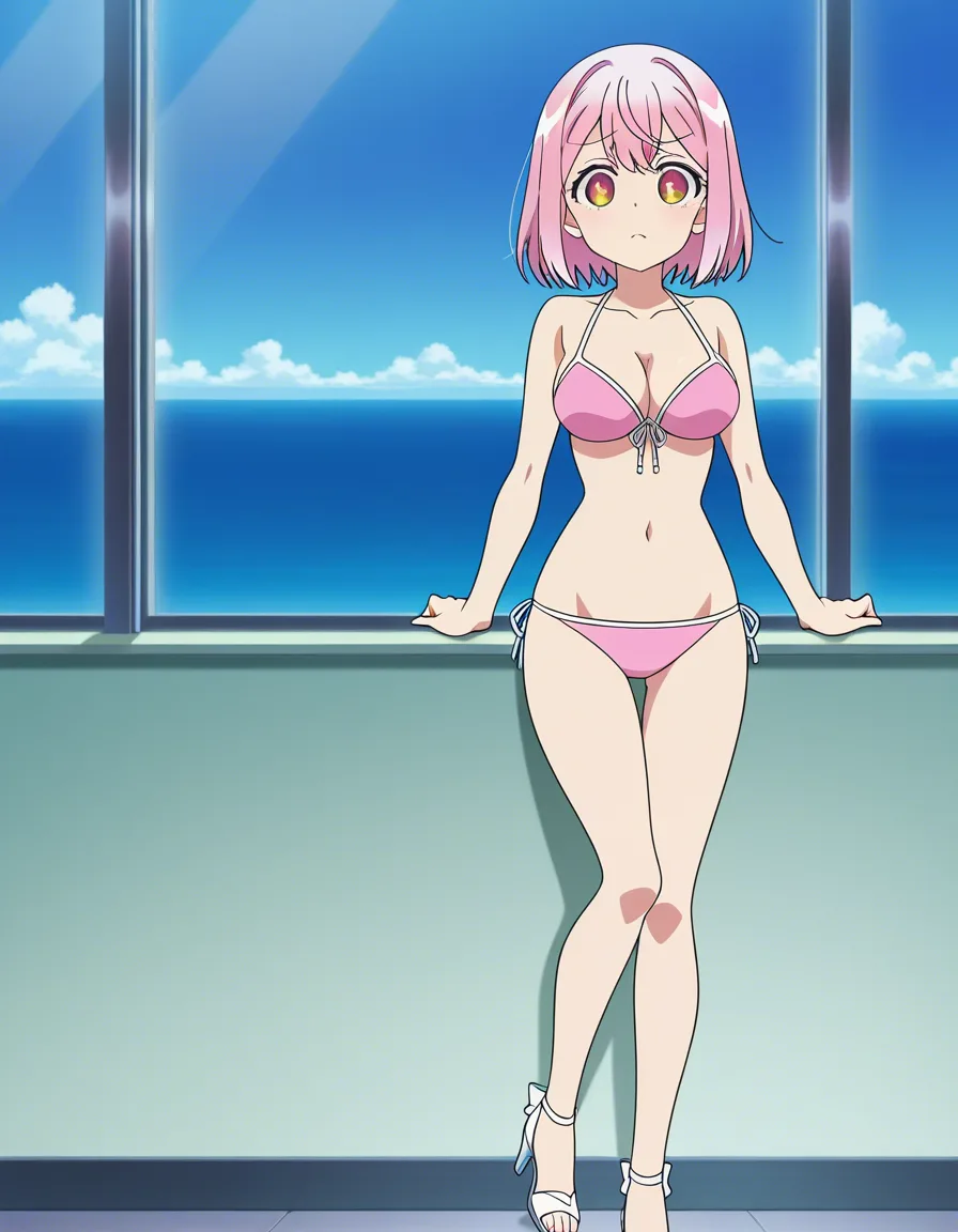 mulher loira magra olha pela janela de bikini dstá de high_heels expresão curiosa, (anime style:1.3), 2d, anime screencap, cel shading, flat color, @00osamio00