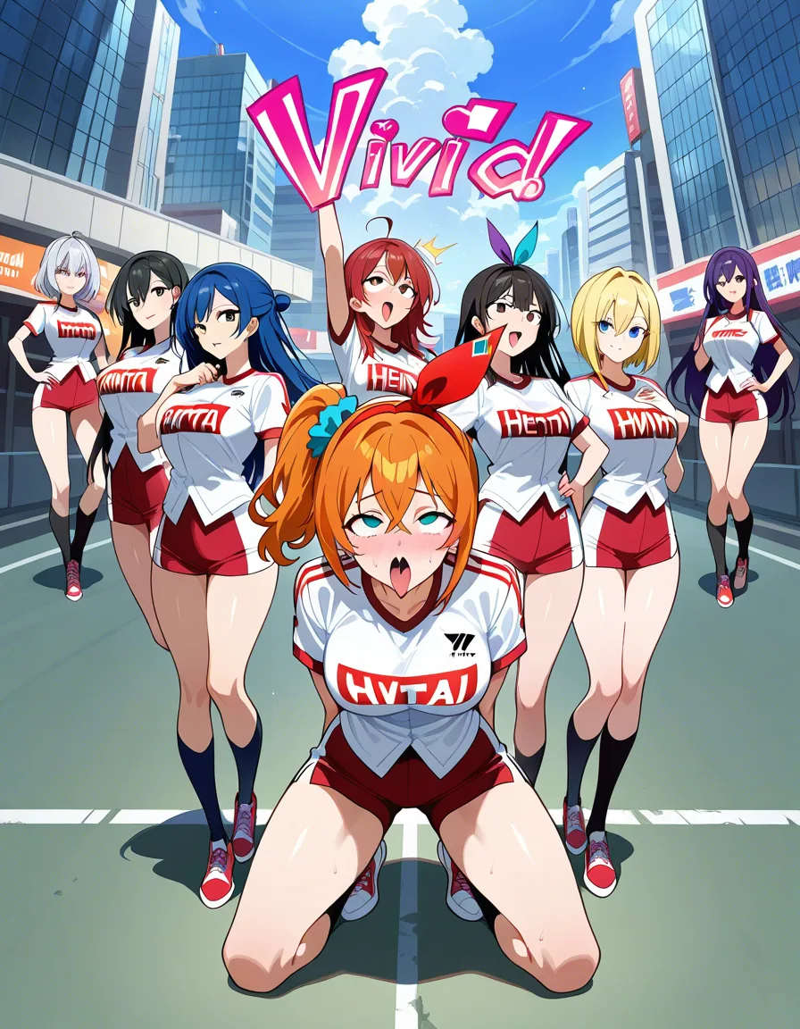 highres, vivid, 6+girls, short sleeves, ahegao, full body, detailed shading, hentai_studio_quality
