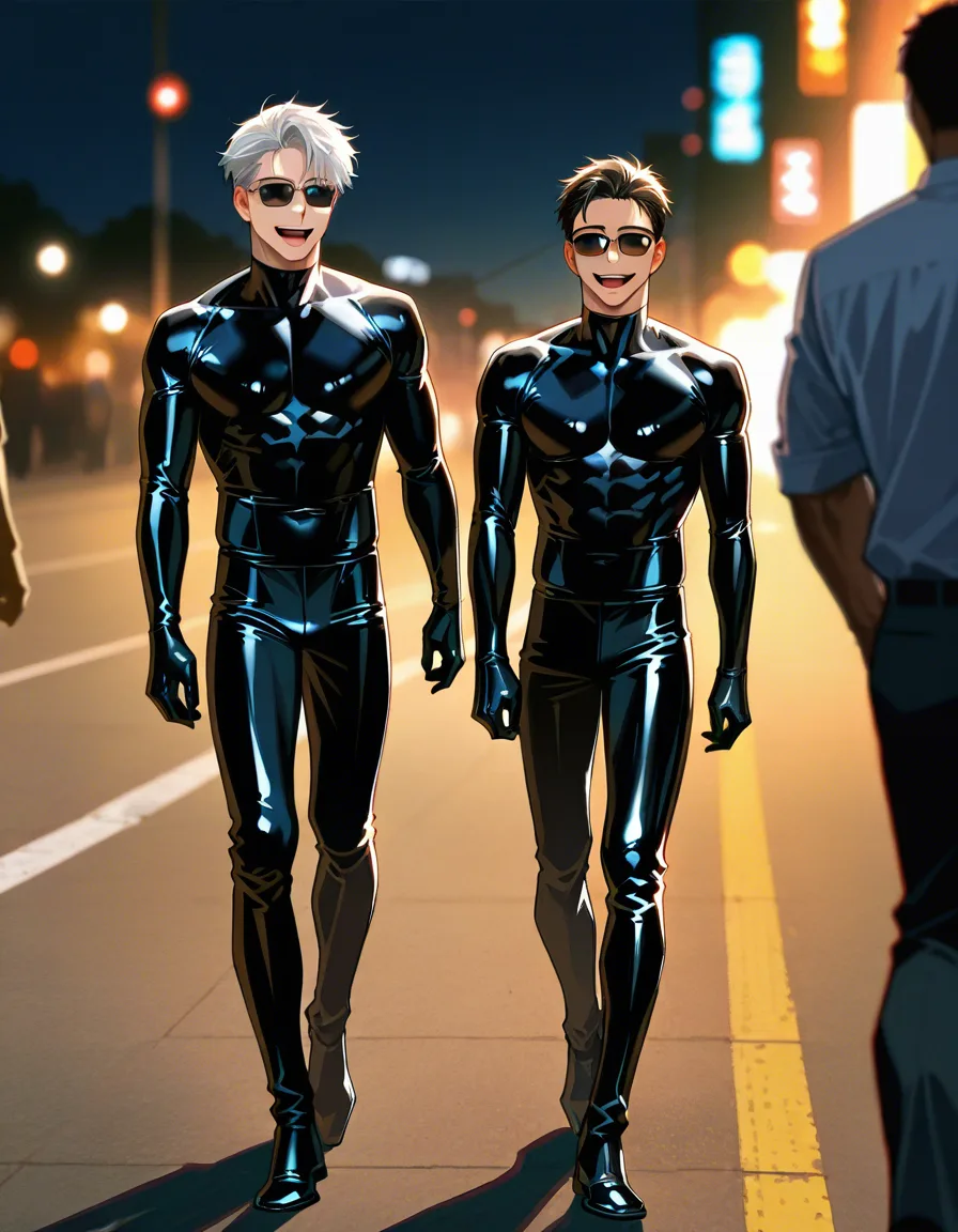 cinematic photo, film photography, 8k, sharp focus, detailed skin, 2boys, sunglasses, smile, open_mouth, bdsm, score_9, score_8, candid photo, realistic skin texture, visible skin pores, film grain, depth of field, yaoi, full_body, walking, latex,, score_9, score_8, candid photo, bdsm, black_choker, hentai_studio_quality, outdoors, forest , tree, hentai_studio_quality, phone, curvy, playful, hentai_studio_quality