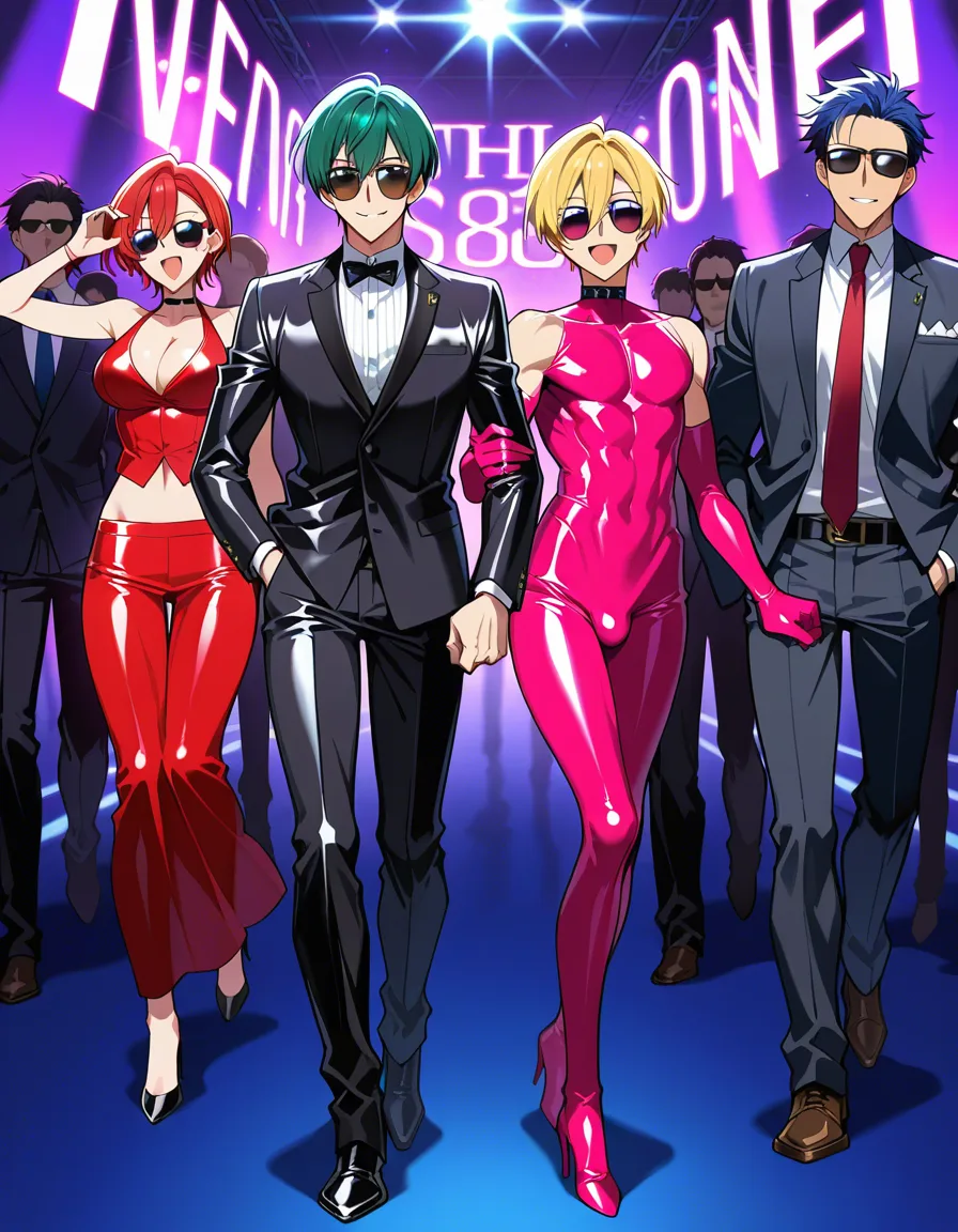 8k, sharp focus, detailed skin, 2boys, party, #yaoi sunglasses, smile, open_mouth, bdsm, score_9, score_8, full_body, walking, latex_pink, high_heels, hentai_studio_quality