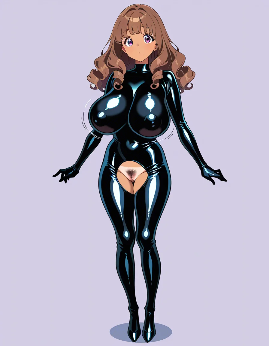 Woman 28yo, cute, long curly brunette hair, large bountiful heavy natural bouncing breasts, latex full body bodysuit, pussy, pubic hair, tan lines, hairy pussy, hentai_studio_quality
